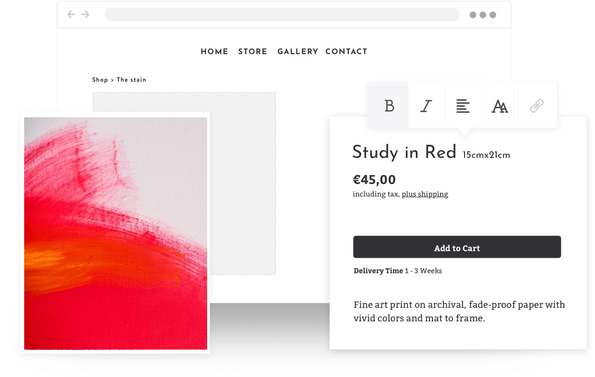 Screenshot eines Onlineshops, der eigene Gemälde verkauft
