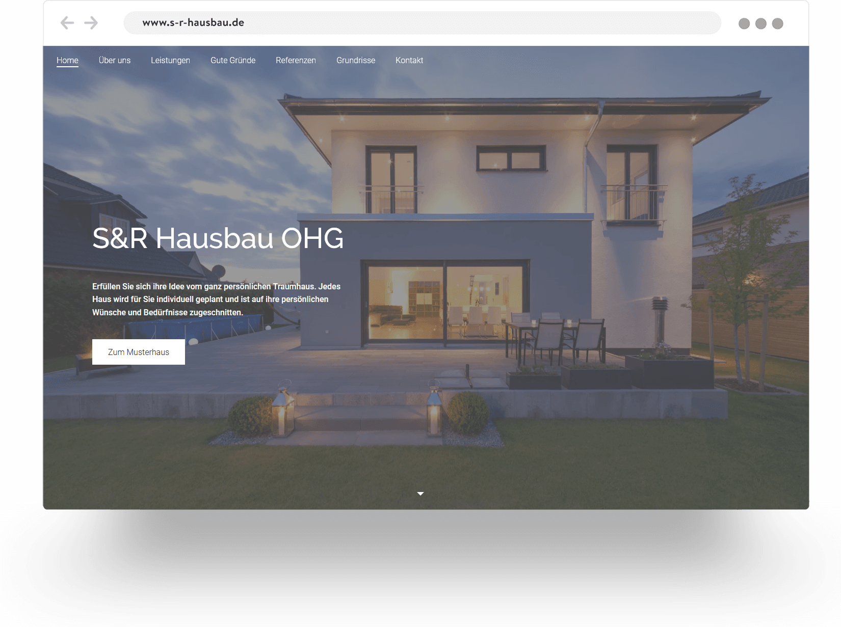 Example of a construction company website showing a contemporary showhome with large windows and outdoor decking
