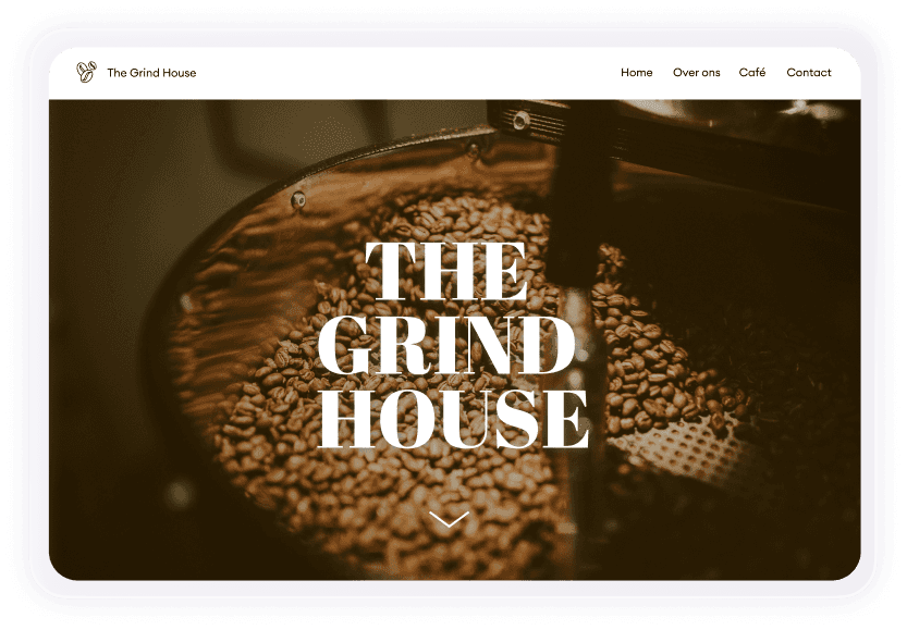 Website met een close-up van koffiebonen en de tekst 'The Grind House'.