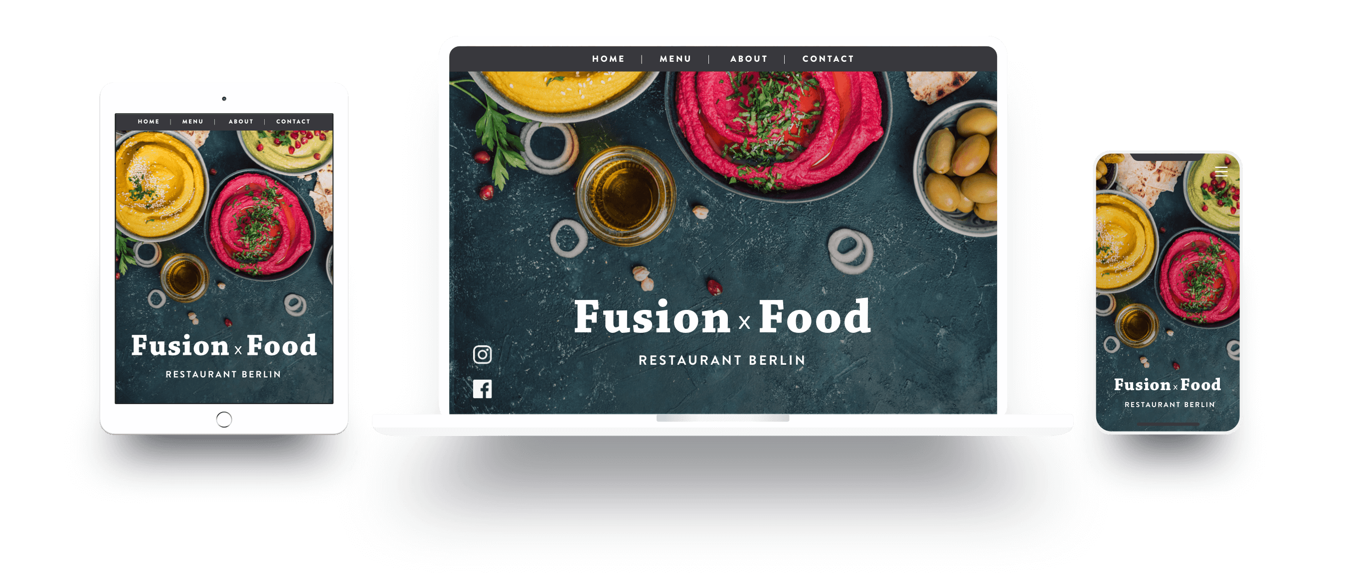 Voorbeeld van een restaurant website met responsive design op verschillende apparaten: telefoon, tablet en laptop.