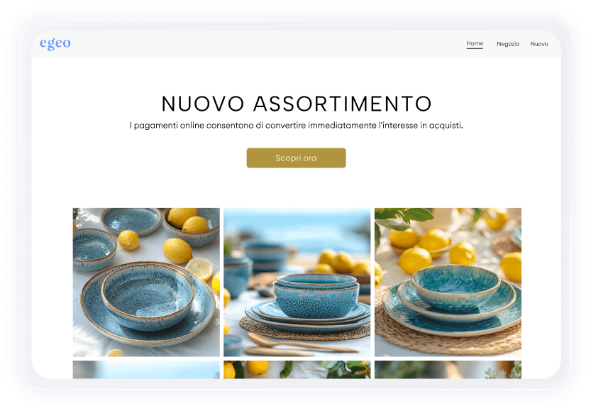 Store online con immagini colorate di piatti artigianali in ceramica e il titolo "New Collection".