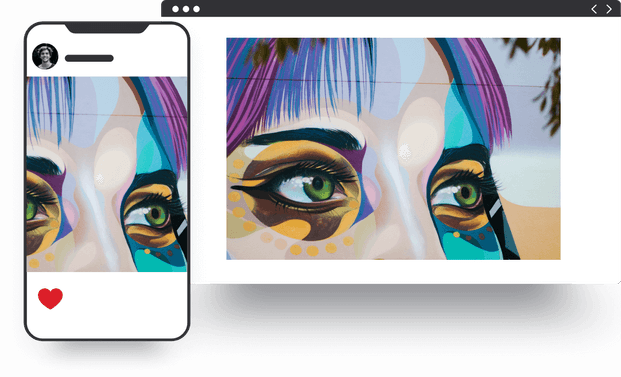 Retrato de una mujer en un smartphone y de una página de producto en la tienda online de un artista creada con Jimdo.