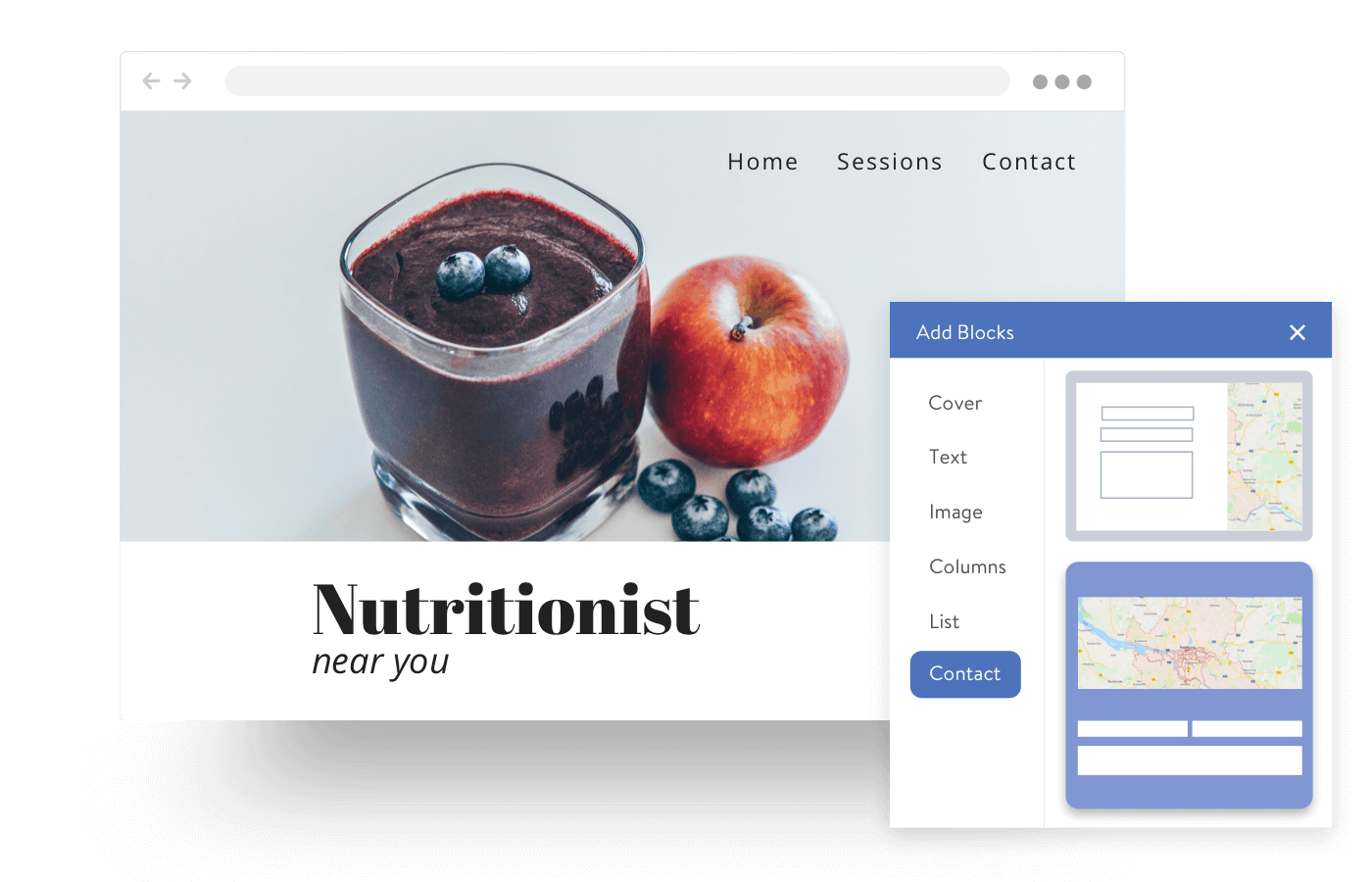 Ejemplo de la página web de un nutricionista creada con los bloques de contenido de Jimdo