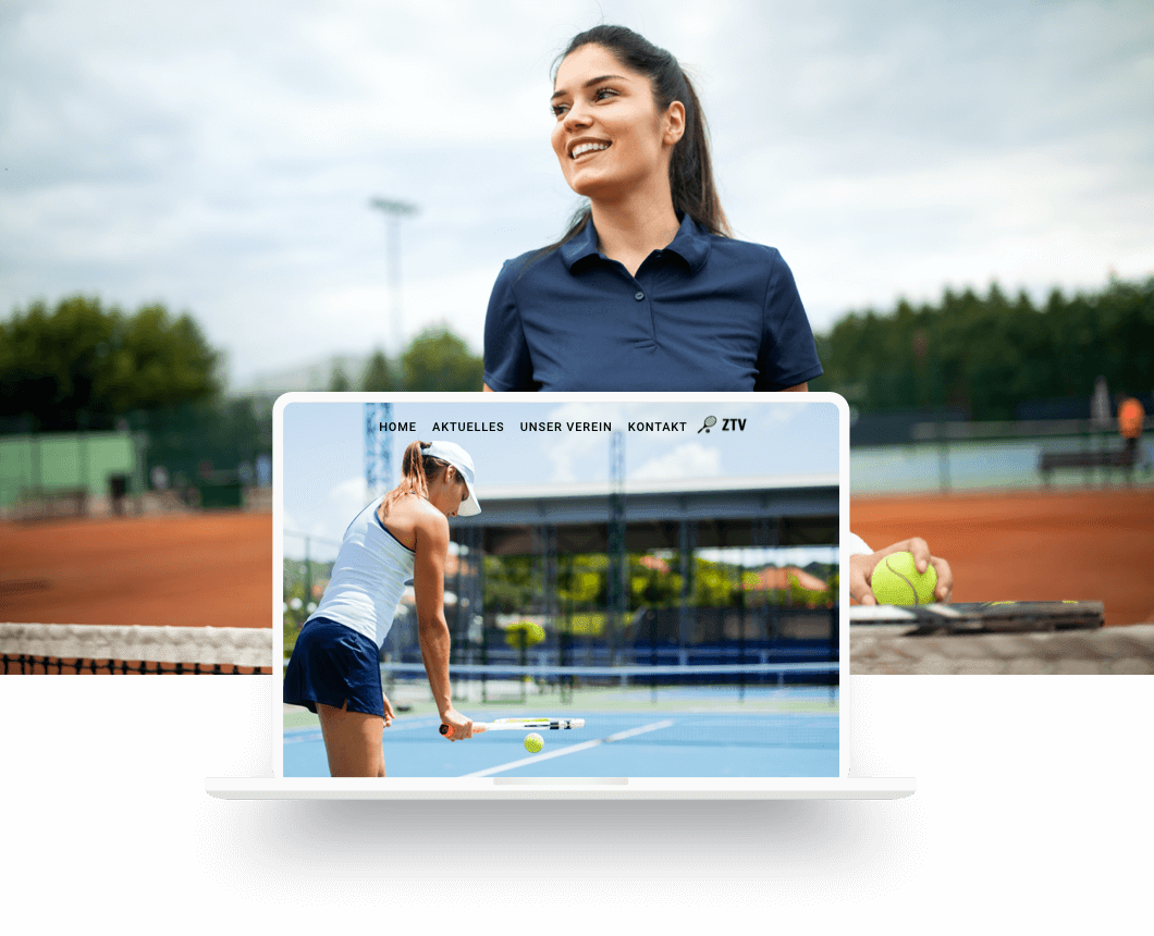 Eine Tennisspielerin steht lächelnd am Netz. Darunter ein Screenshot ihrer Vereinshomepage.