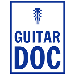 Exemple d'un logo de musique avec le dessin d'une tête de guitare et du nom Guitar Doc