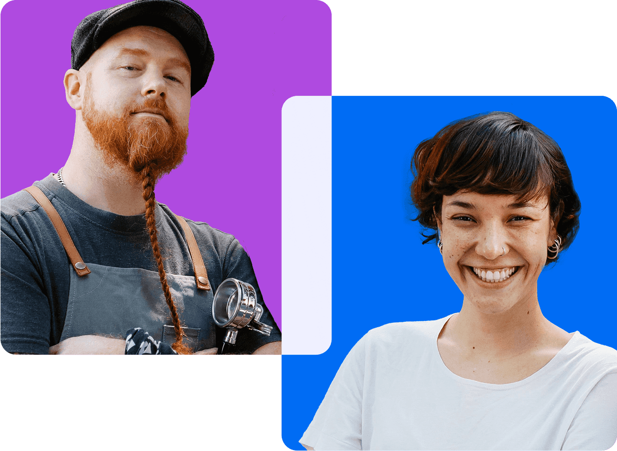 Smiling barista and businesswoman promoting fast deals with JIMDOFlows.