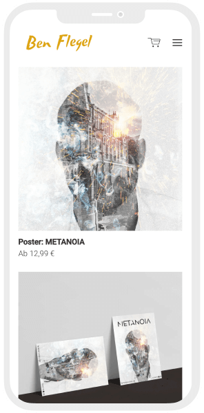 Website eines Künstlers auf einem Smartphone-Display mit Kunstwerken, die zum Verkauf stehen.