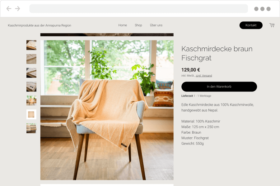 Jimdo website laat verschillende fotofilters voor productfoto's zien.