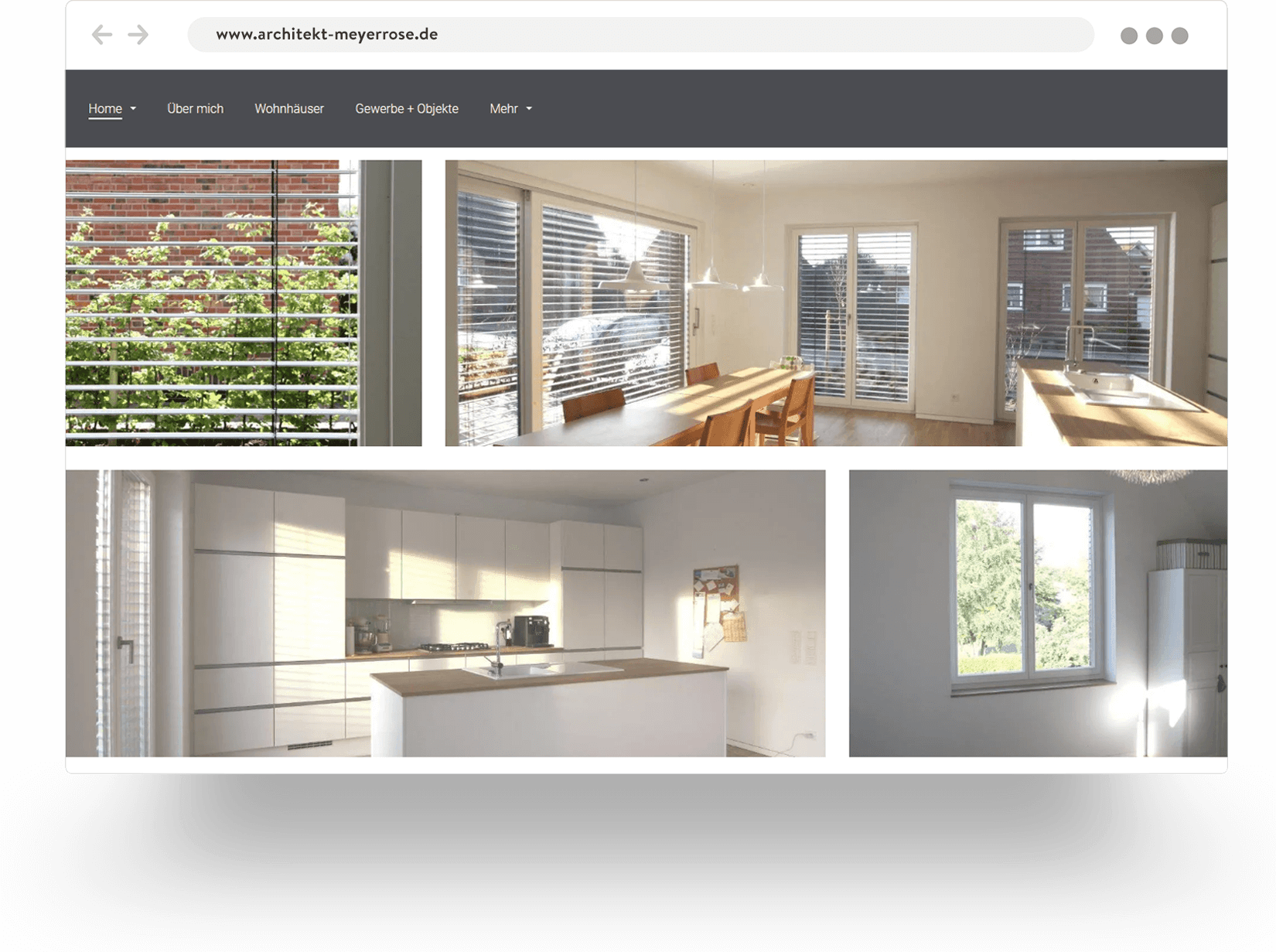 Example of an architect's website built with Jimdo showing modern, white interiors with large windows