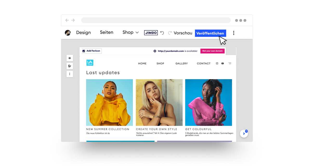 Homepage-Baukasten, Schritt 6: Veröffentliche deine Website! Website mit Maus auf Veröffentlichen.