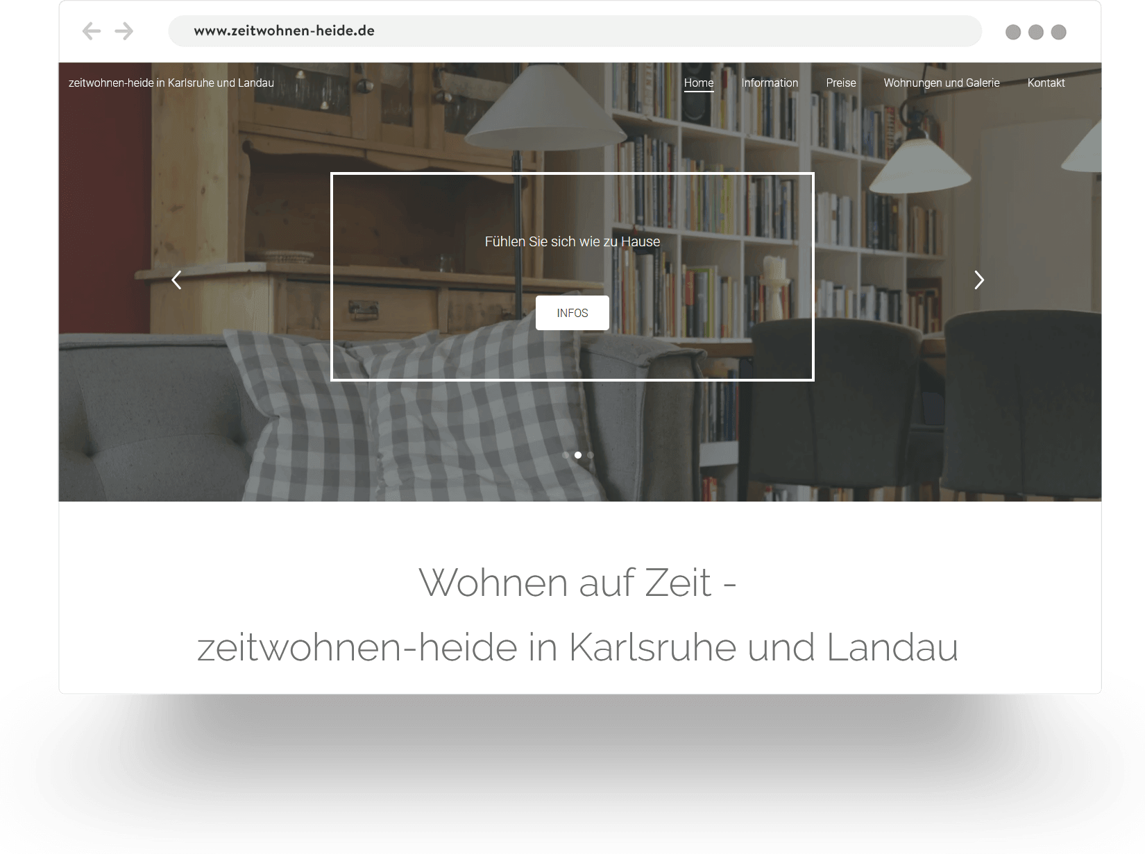 Example of a property rental website built with Jimdo showing the interior of a comfortable apartment 