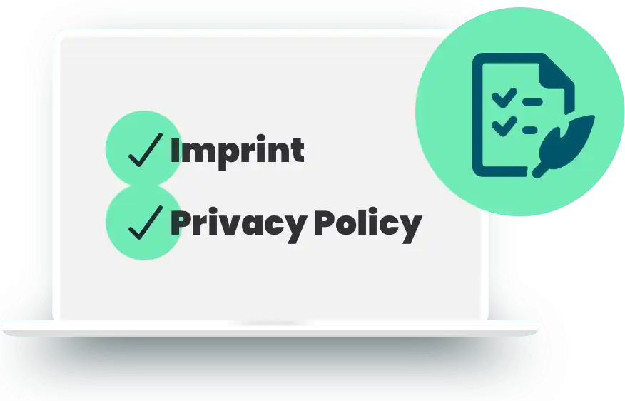 Laptop screen displaying checks for "Imprint" and "Privacy Policy" with a document icon.
