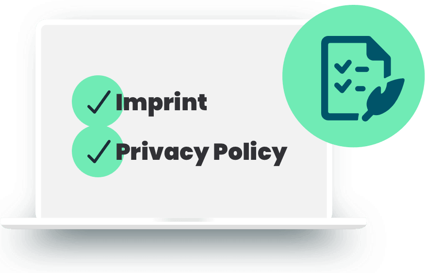 Un portátil abierto muestra las casillas de Aviso legal y Política de privacidad como completadas con el Generador de textos legales