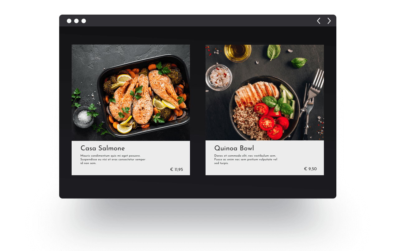 Un ejemplo extraído de una página web Jimdo de un menú online donde se ven dos platos de muestra y sus fotografías.