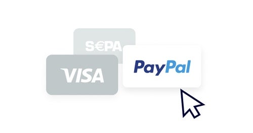 Drei Kästchen mit den Aufschriften PayPal, SEPA und Visa, die verschiedene Zahlungsmethoden symbolisieren