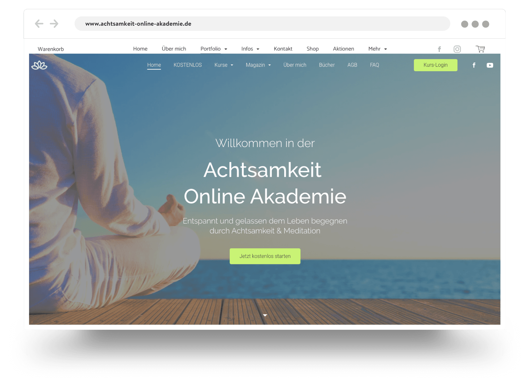 Example of a website homepage for an online mindful academy showing a person sitting cross-legged looking out across the ocean 