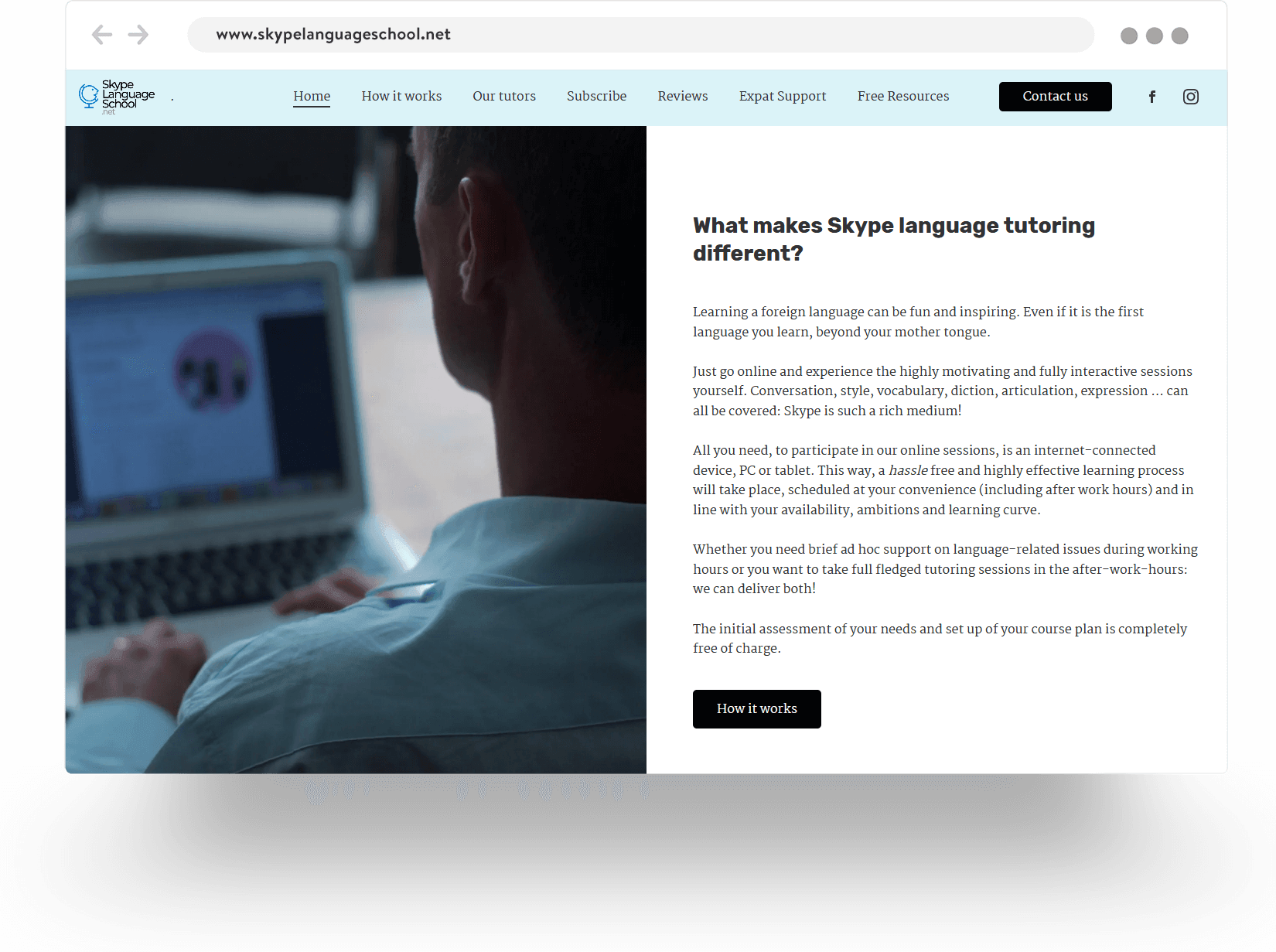 Example of an online language school website built with Jimdo showing a man working on a laptop