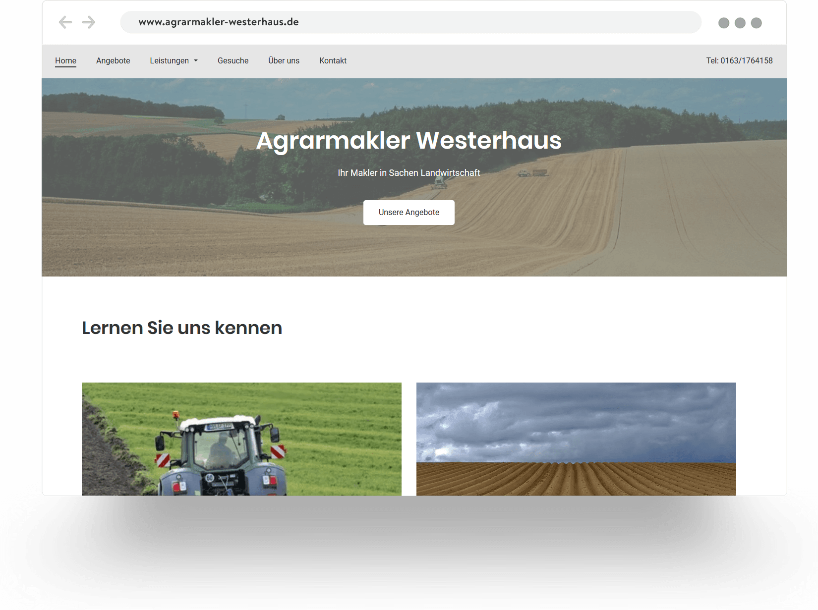 Example of an agricultural realtor's website built with Jimdo showing a field of crops and a tractor at work