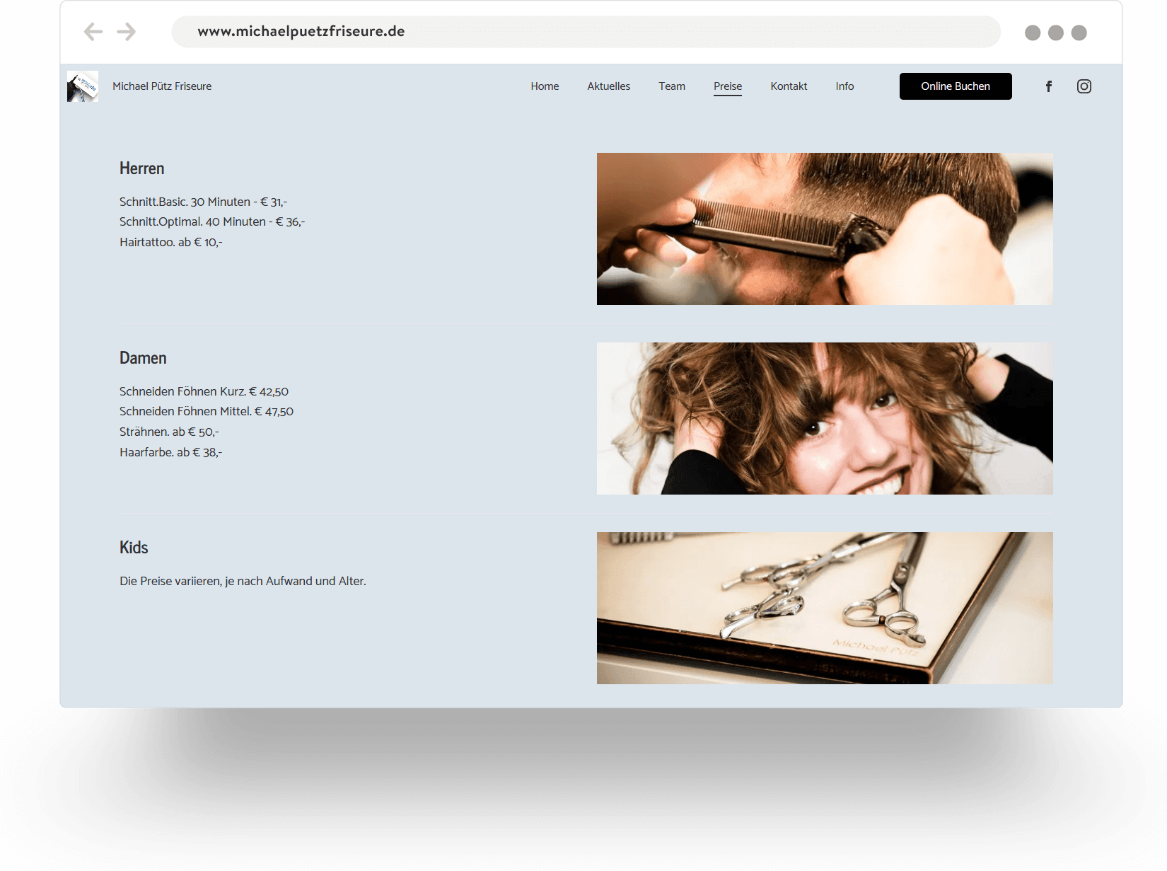 Example of a hairdresser's website pricing page showing a closeup of a barber cutting hair, a woman with a new haircut, and scissors