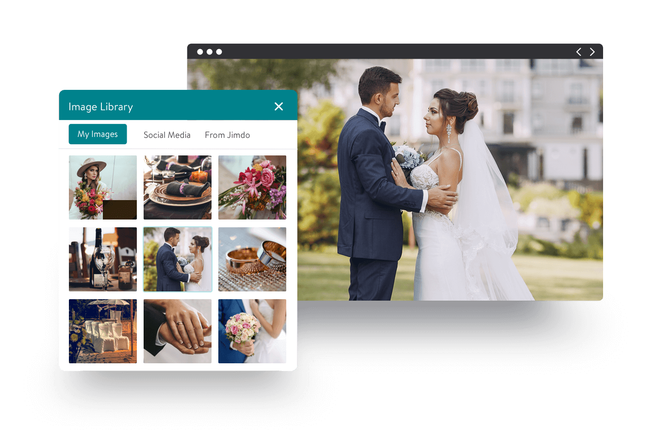 ジンドゥー AI ビルダーのイメージライブラリの画像の横に新婚カップルのウェディングフォトが表示されています。