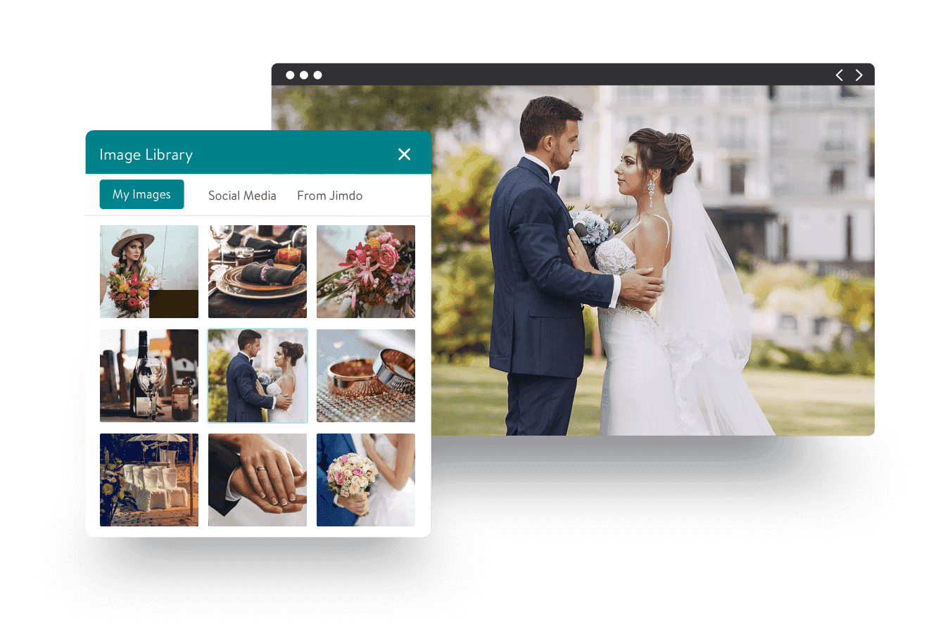 Une photo d'un couple le jour de son mariage, à côté d'une capture d'écran de la galerie photos sur son site.