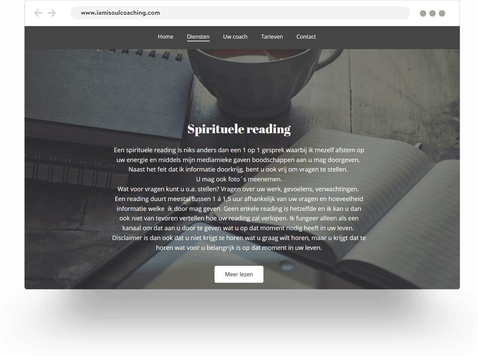 Example of a spiritual coaching website built with Jimdo showing a cup of tea and an open book