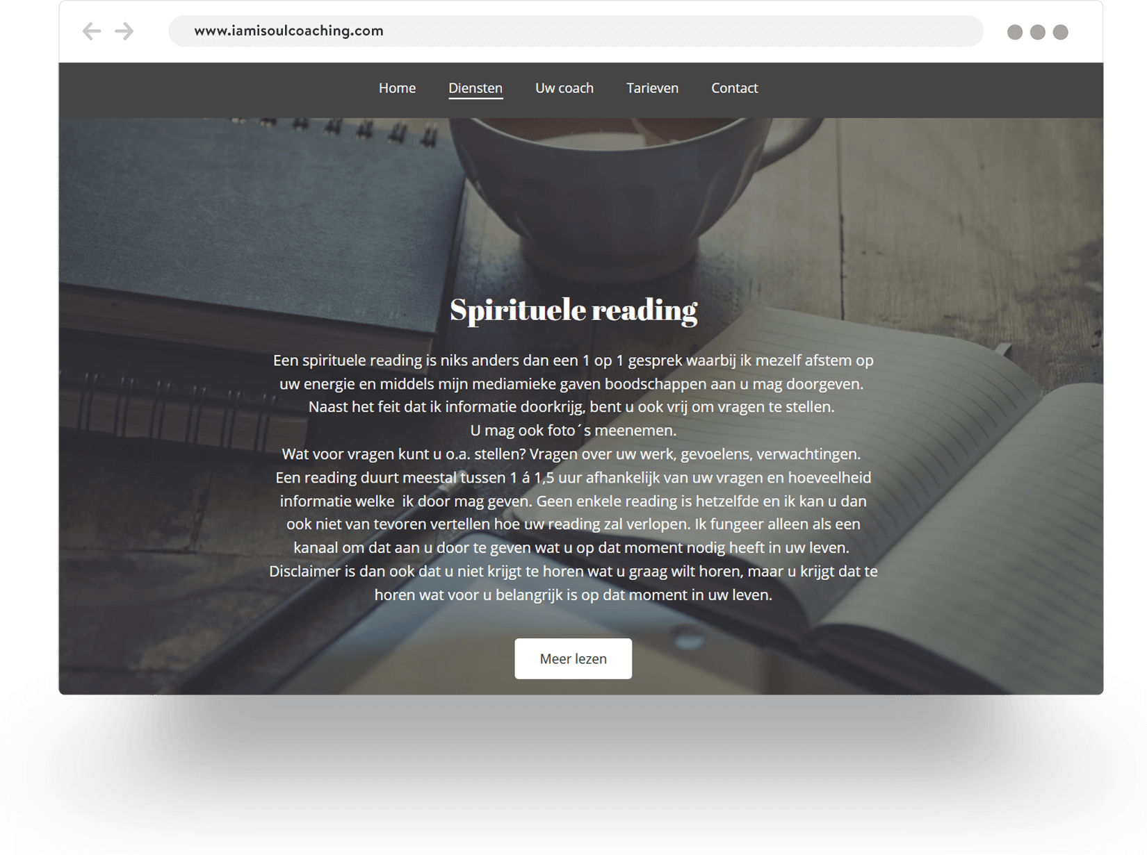 Example of a spiritual coaching website built with Jimdo showing a cup of tea and an open book
