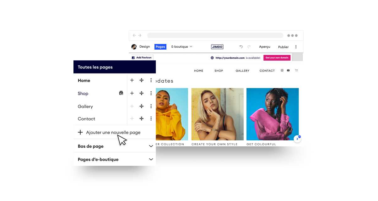 Créateur de site web, étape 4 : Ajoutez des pages à votre site internet. Option d'ajout de pages sur un site.