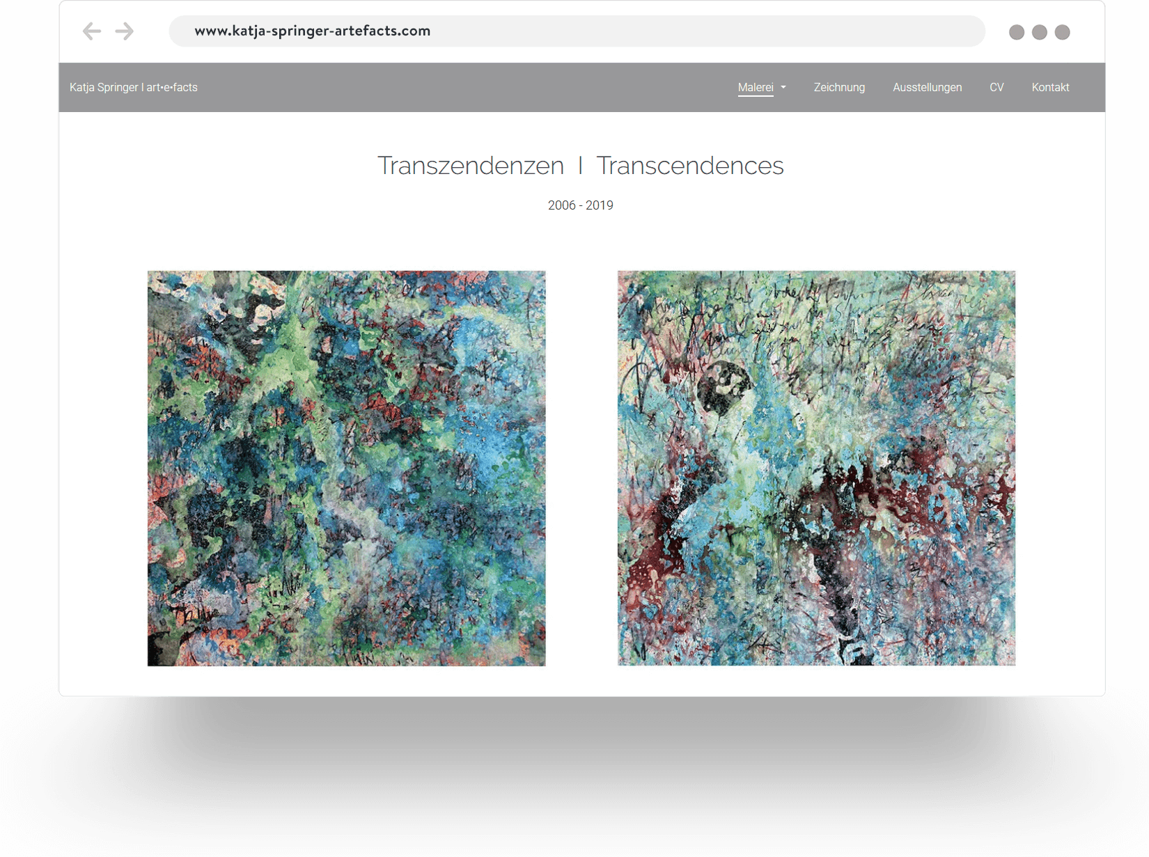 Example of an artist website built with Jimdo showing images of two abstract paintings